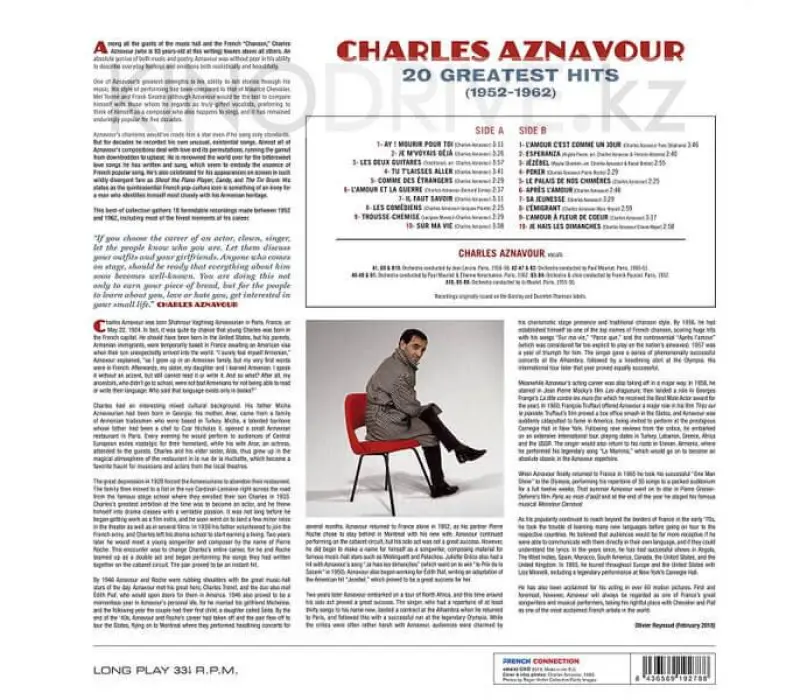 Виниловая пластинка AZNAVOUR, CHARLES - 20 GREATEST HITS Label: French Connection, Kinodrive.kz — фото 2