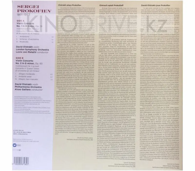 Виниловая пластинка OISTRAKH DAVID - Prokofiev - Violin Concertos Nos 1 and 2, Kinodrive.kz — фото 2