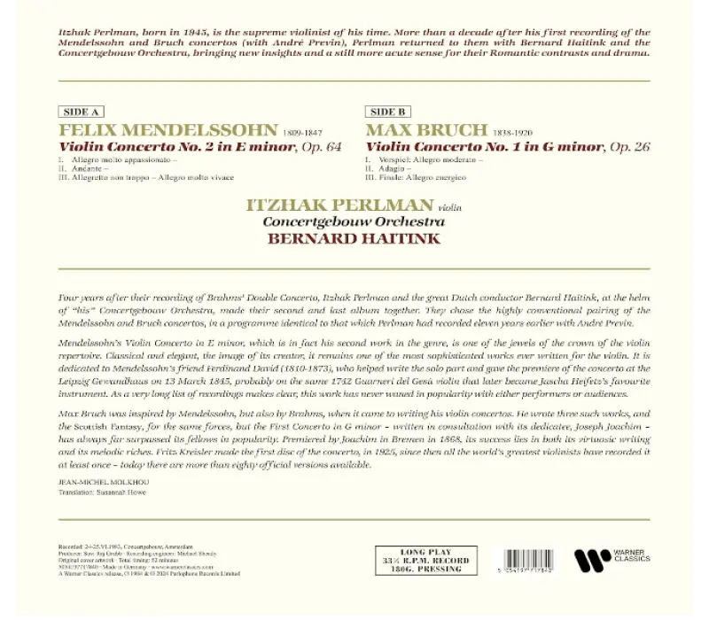 Виниловая пластинка Itzhak Perlman - Mendelssohn; Bruch: Violin Concertos, Kinodrive.kz — фото 2