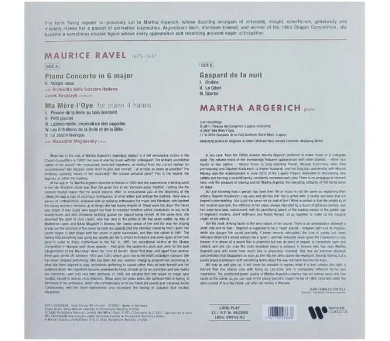 Виниловая пластинка Martha Argerich – Ravel: Adagio From Piano Concerto In G, Ma Mere L'Oye, Gaspard de la Nuit, Kinodrive.kz — фото 2