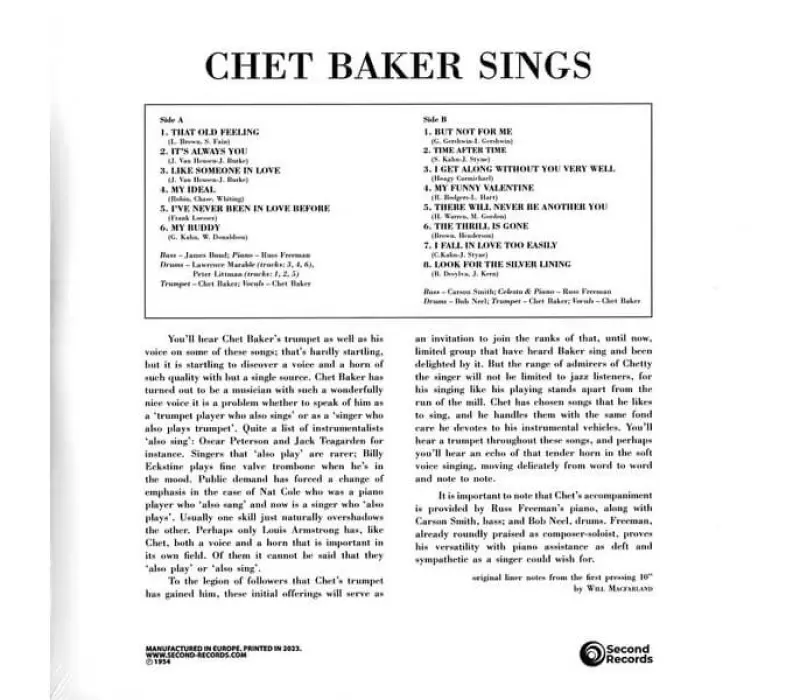 Виниловая пластинка BAKER CHET-SINGS (YELLOW VINYL) EAN:9003829988949, Kinodrive.kz &mdash; фото 2